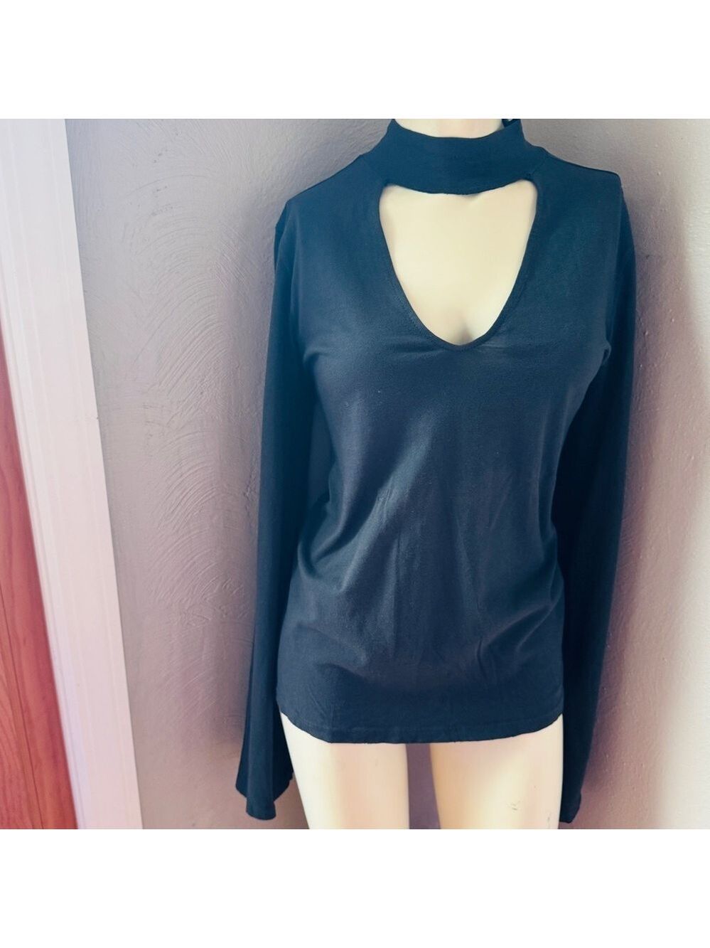 Philanthropy cutout long bell sleeve black choker top size small NWT